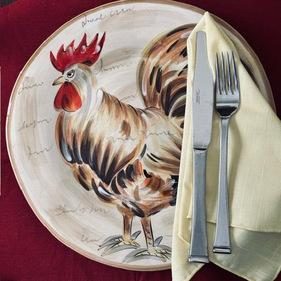 TableTops Gallery Romalo Rooster Dinner Plate 11.5" set of 4 Hand Painted Rustic - Picture 9 of 13